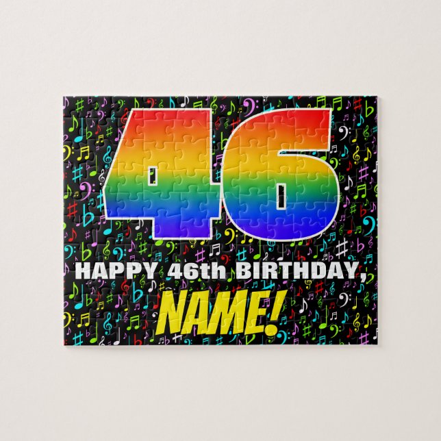 46th Birthday — Fun, Colourful Music Symbols & “46 Jigsaw Puzzle (Horizontal)