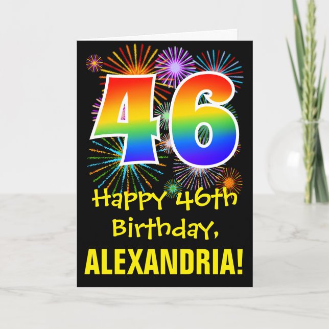 46th Birthday: Fun Fireworks Pattern + Rainbow 46 Card (Front)