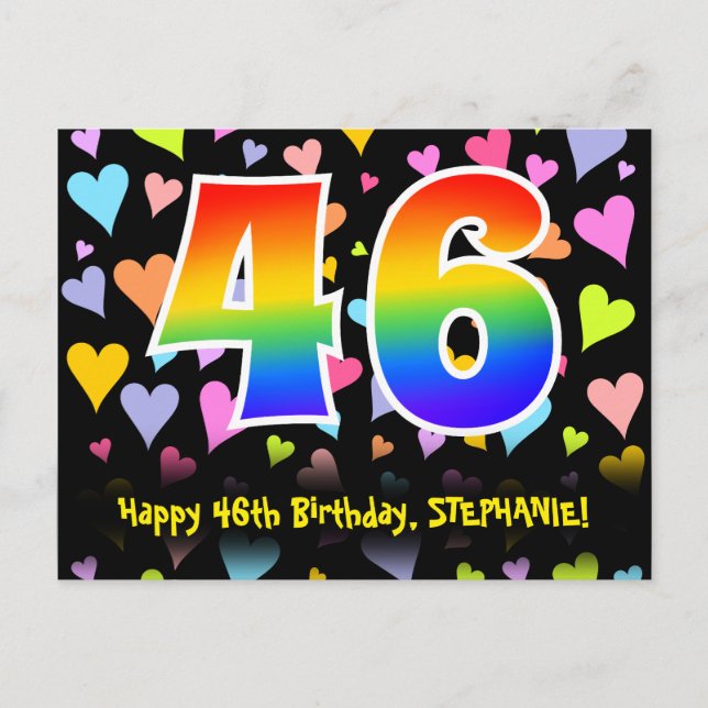 46th Birthday: Fun Hearts Pattern, Rainbow 46 Postcard (Front)