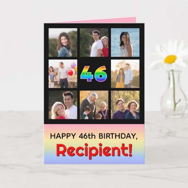 46th Birthday: Fun Rainbow #, Custom Photos + Name Card (Small Plant)