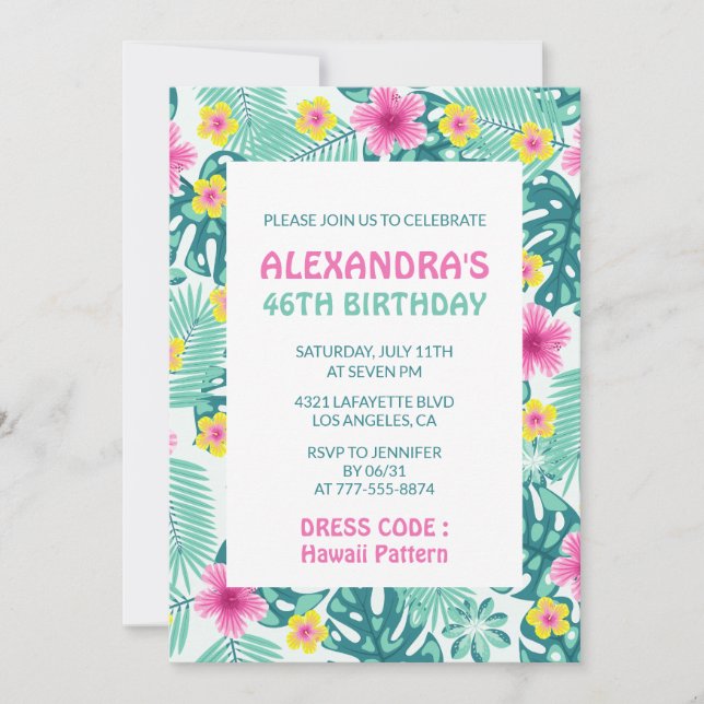 46th birthday invitations Hibiscus Hawaii Floral (Front)