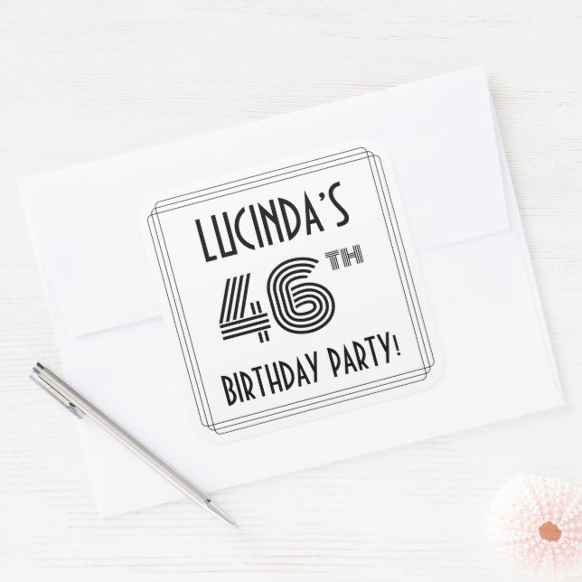 46th Birthday Party: Art Deco Style + Custom Name Square Sticker (Envelope)