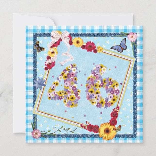 46th Birthday party Invitation flowers,butterflies (Front)