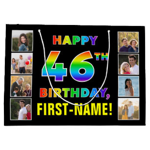 46th Birthday: Rainbow Text, Custom Photos & Name Large Gift Bag