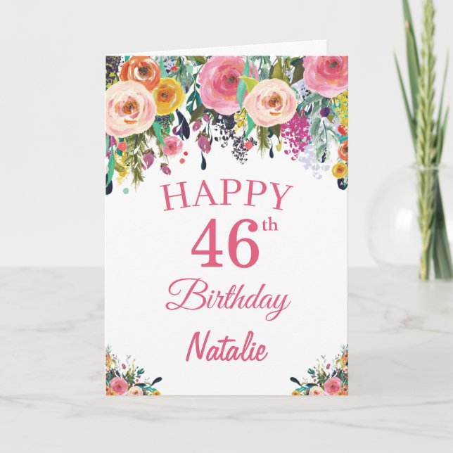 46th Birthday Watercolor Floral Flowers Pink Card (Front)