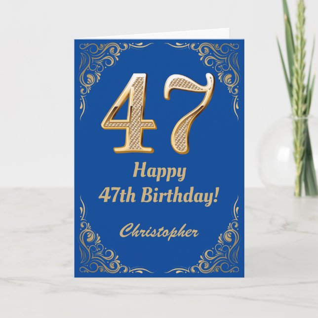 47th Birthday Blue and Gold Glitter Frame Card (Front)