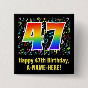 47th Birthday: Colorful Music Symbols, Rainbow 47 15 Cm Square Badge