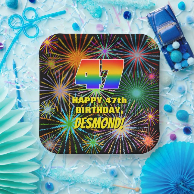 47th Birthday: Colourful, Fun Celebratory Firework Paper Plate (Party)
