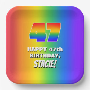 47th Birthday: Colourful, Fun Rainbow Pattern # 47 Paper Plate