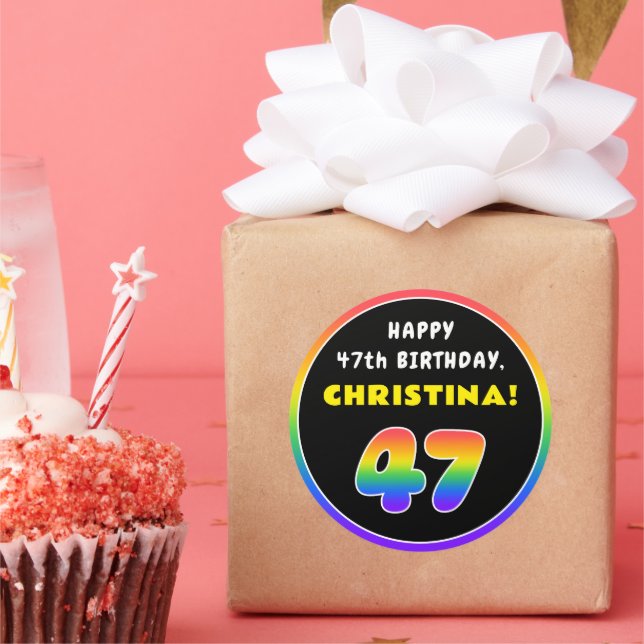 47th Birthday: Colourful Rainbow # 47, Custom Name Classic Round Sticker (Party)