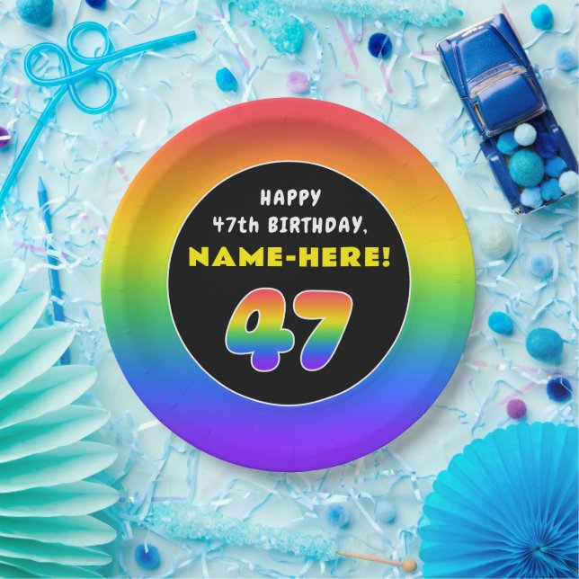 47th Birthday: Colourful Rainbow # 47, Custom Name Paper Plate (Party)