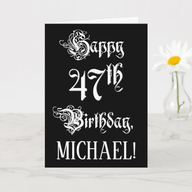 47th Birthday: Fancy, Elegant Script + Custom Name Card (Small Plant)