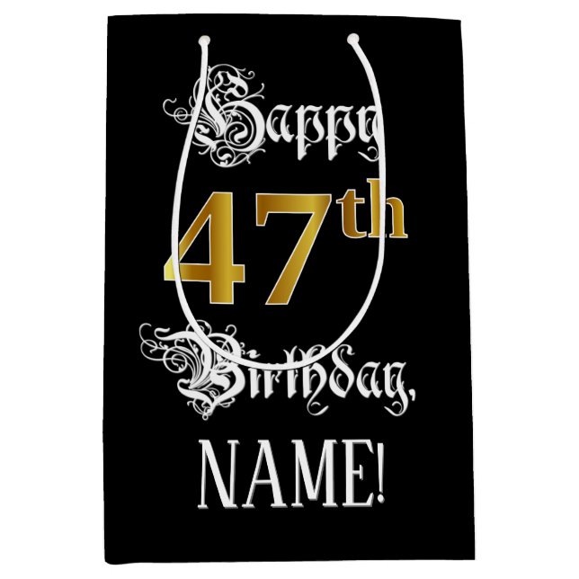 47th Birthday ~ Fancy Script; Faux Gold Look; Name Medium Gift Bag (Front)