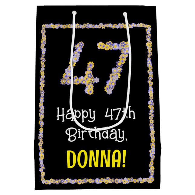 47th Birthday: Floral Flowers Number, Custom Name Medium Gift Bag (Back)
