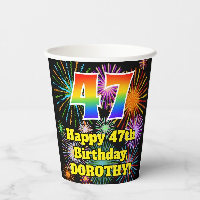 47th Birthday: Fun Fireworks Pattern + Rainbow 47 Paper Cups (Back)