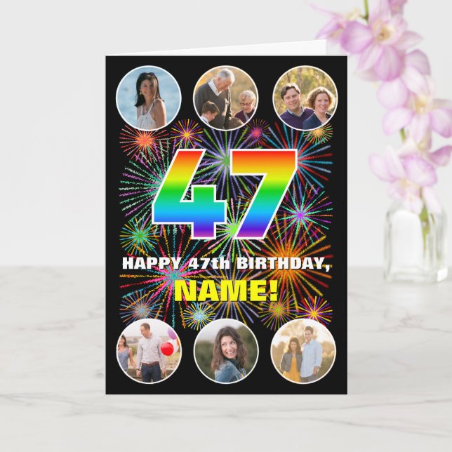 47th Birthday: Fun Rainbow #, Custom Name & Photos Card (Orchid)