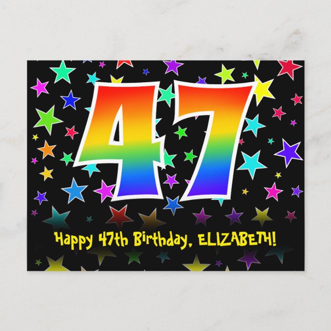 47th Birthday: Fun Stars Pattern, Rainbow 47, Name Postcard (Front)