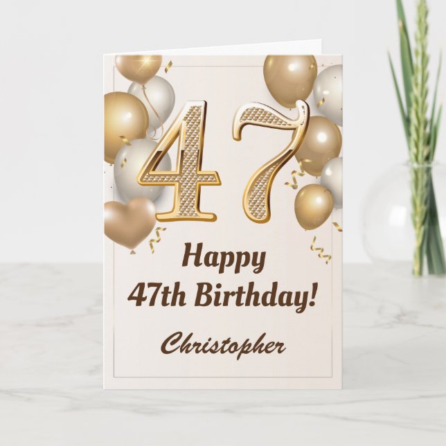 47th Birthday Gold Balloons and Confetti Birthday Card (Front)