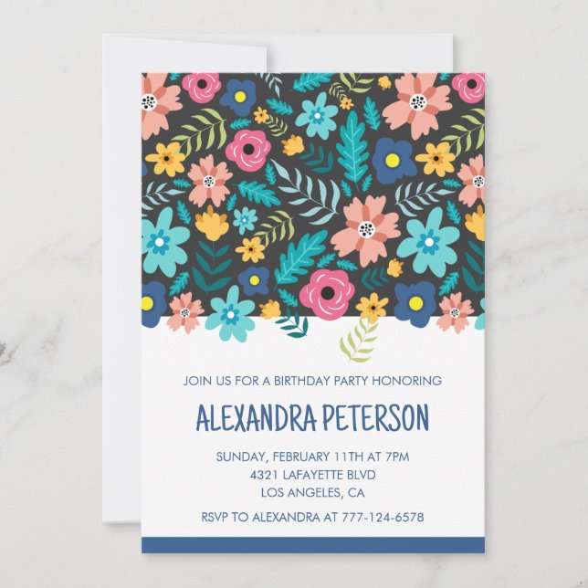 47th birthday invitations Floral Pattern Navy blue (Front)