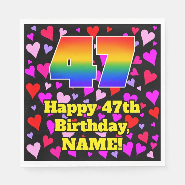 47th Birthday: Loving Hearts Pattern, Rainbow # 47 Napkin (Front)