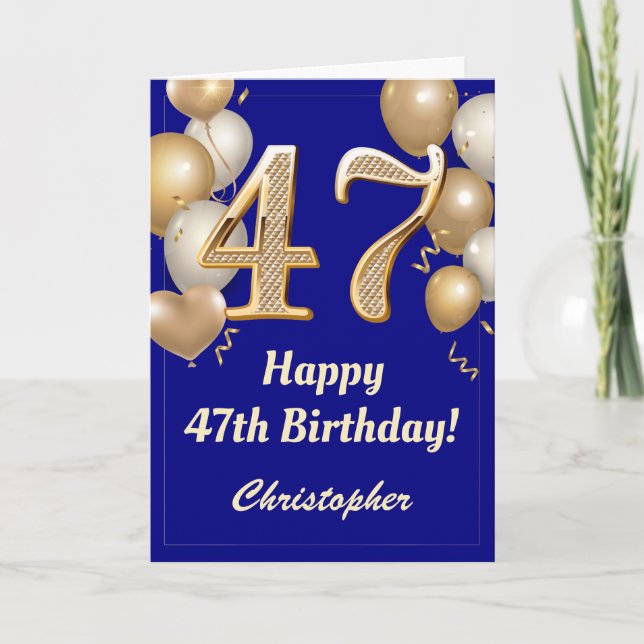 47th Birthday Navy Blue and Gold Balloons Confetti Card (Front)