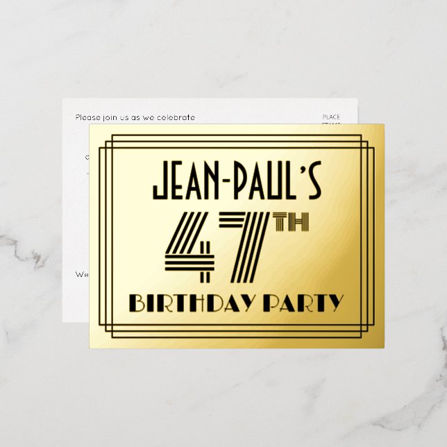 47th Birthday Party ~ Art Deco Style “47” + Name Foil Invitation Postcard (Front/Back)
