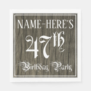47th Birthday Party — Fancy Script, Faux Wood Look Napkin