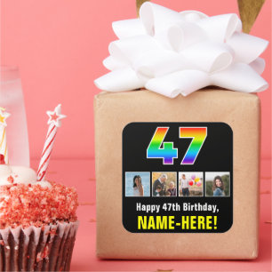 47th Birthday: Rainbow “47”; Custom Photos & Name Square Sticker