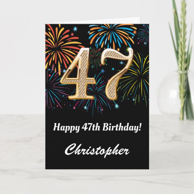 47th Birthday Rainbow Fireworks Black and Gold Card (Front)