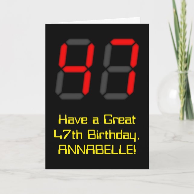 47th Birthday: Red Digital Clock Style "47" + Name Card (Front)