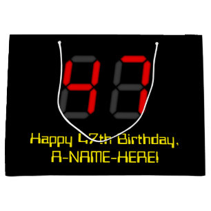47th Birthday: Red Digital Clock Style "47" + Name Large Gift Bag