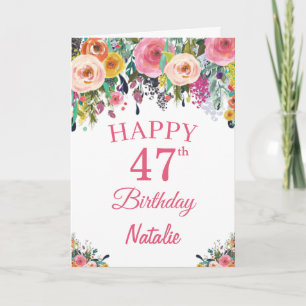 47th Birthday Watercolor Floral Flowers Pink Card