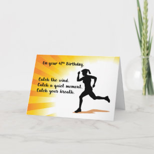 47th Birthday Woman Running Sunburst Background Card