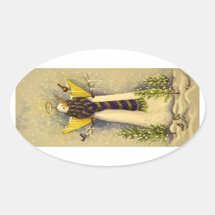 4881 Snow Angel & Birds Christmas Oval Sticker