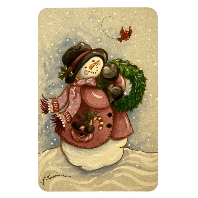 4886 Snowman Wreath Cardinal Magnet (Vertical)