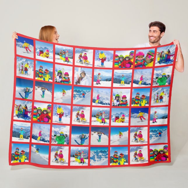 48 Photo Grid Collage Bright Red Fleece Blanket (In Situ)