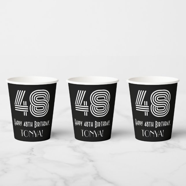 48th Birthday — Art Deco Inspired Look “48” + Name Paper Cups (Multi)