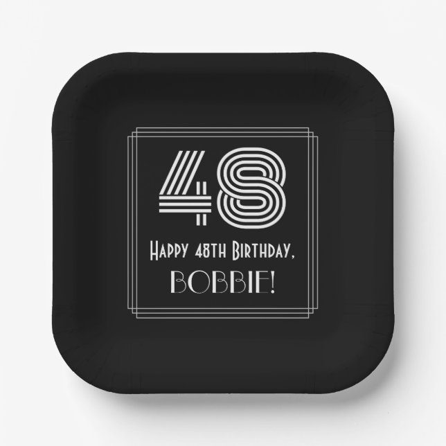 48th Birthday — Art Deco Inspired Look “48” + Name Paper Plate (Front)