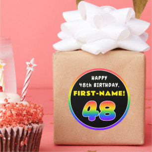 48th Birthday: Colorful Rainbow # 48, Custom Name Classic Round Sticker