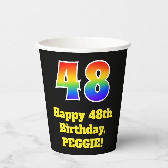 48th Birthday: Colourful, Fun, Exciting, Rainbow 4 Paper Cups (Front)