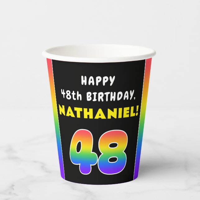 48th Birthday: Colourful Rainbow # 48, Custom Name Paper Cups (Front)