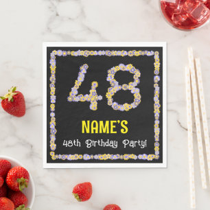 48th Birthday: Floral Flowers Number, Custom Name Napkin