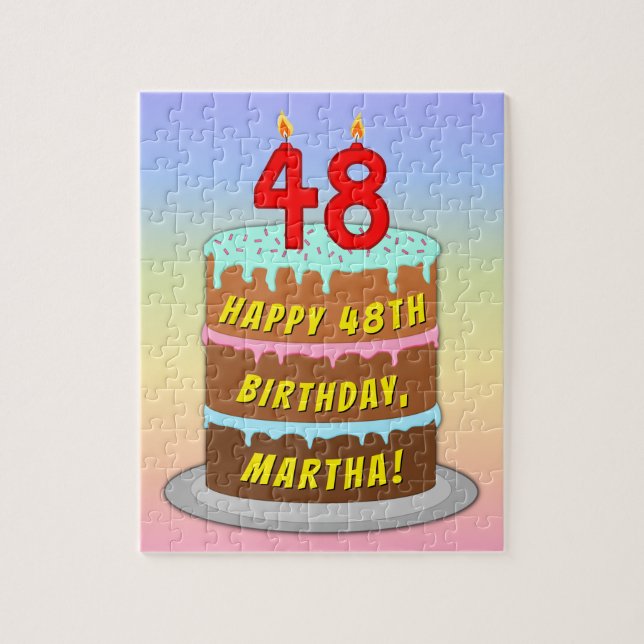 48th Birthday: Fun Cake and Candles + Custom Name Jigsaw Puzzle (Vertical)