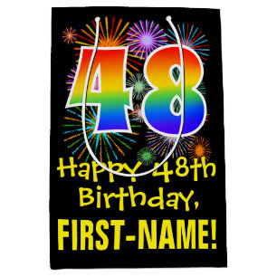 48th Birthday: Fun Fireworks Pattern + Rainbow 48 Medium Gift Bag