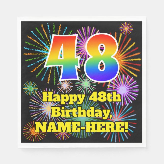48th Birthday: Fun Fireworks Pattern + Rainbow 48 Napkin (Front)