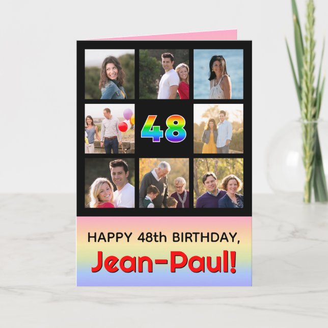 48th Birthday: Fun Rainbow #, Custom Photos + Name Card (Front)