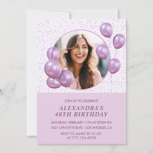 48th birthday invitations Balloons Photo Purple (Front)