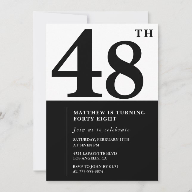 48th birthday invitations Black and White Elegant (Front)