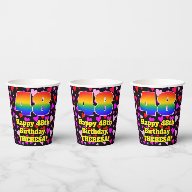 48th Birthday: Loving Hearts Pattern, Rainbow 48 Paper Cups (Multi)