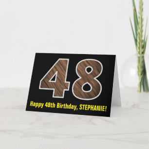 48th Birthday: Name + Faux Wood Grain Pattern "48" Card